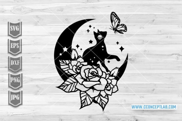 Celestial Moon Cat Floral Svg