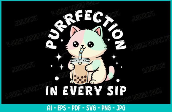 Cute Cat Boba Tea T-shirt Design