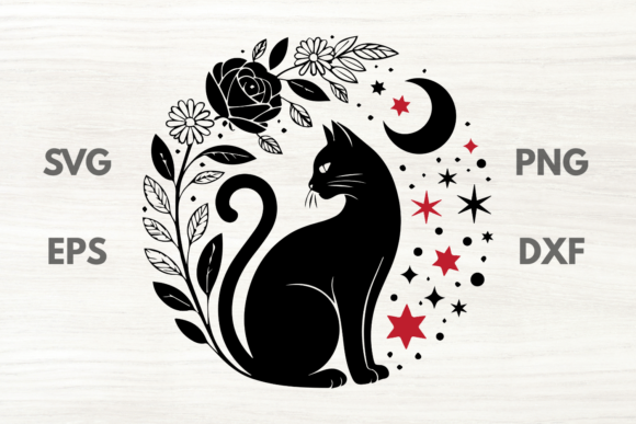 Rose Branch Black Cat Moon SVG